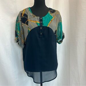 Sweet Rain navy chiffon chain rope tassel lion print short sleeve blouse